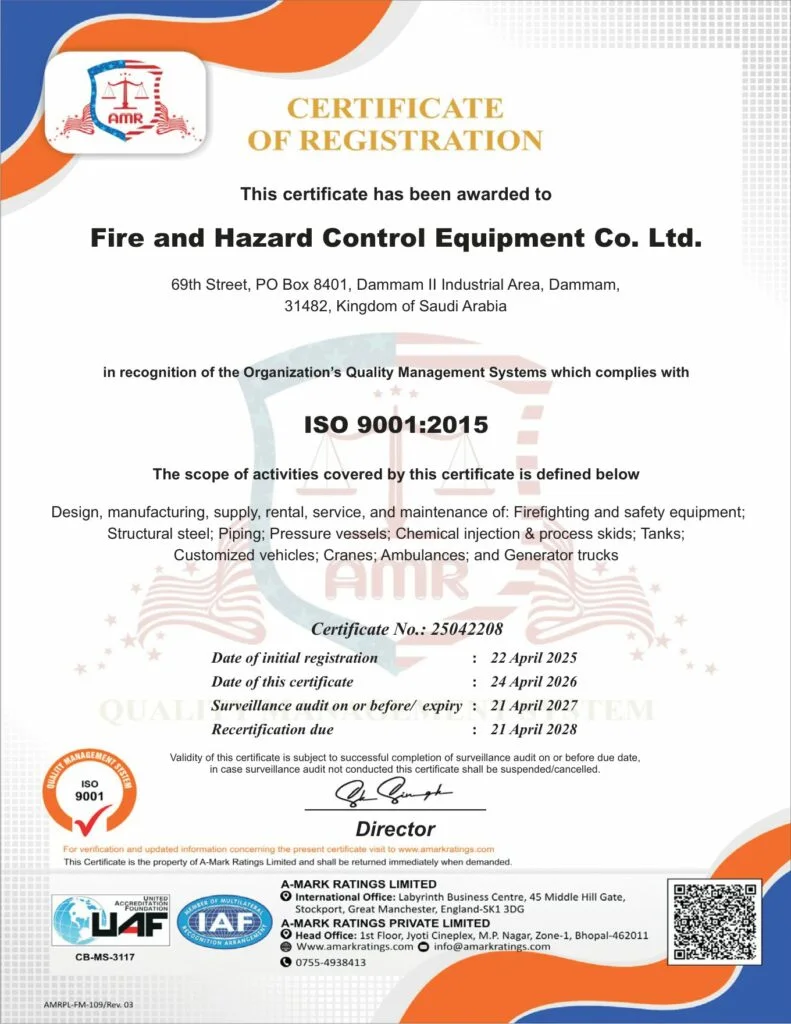 ISO 9001:2015 Quality Management System certificate for FHC