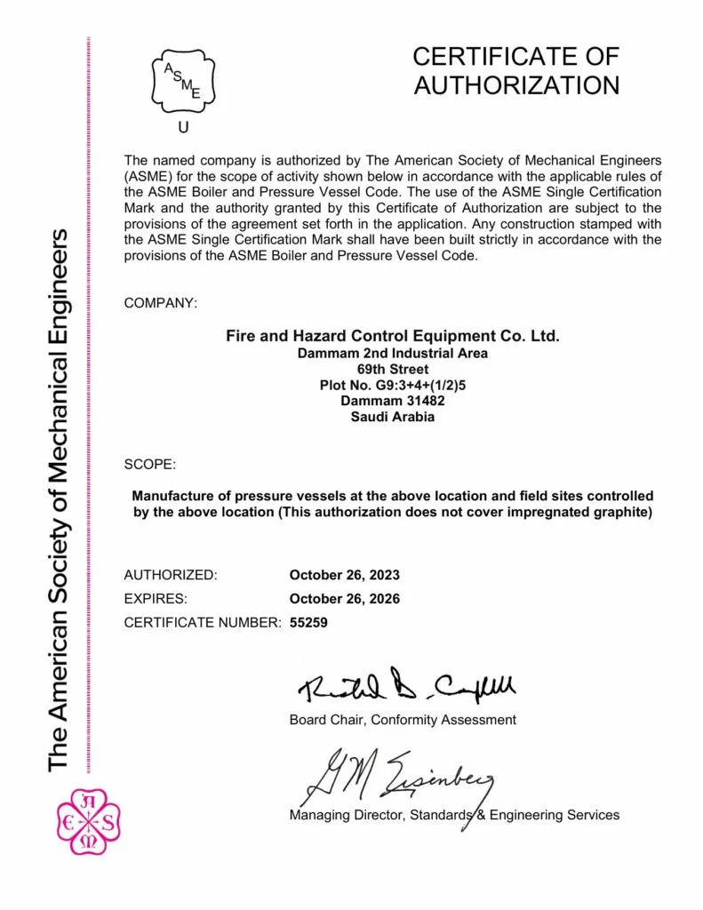 ASME Certificate of Authorization U Stamp for FHC