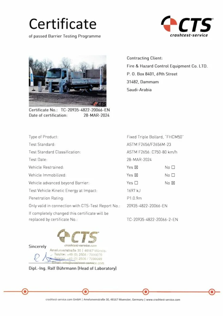 Certificate of Conformity for FHC bollard