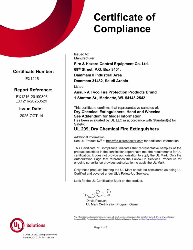 UL Certificate of Compliance EX1216 for ANSUL fire extinguishers