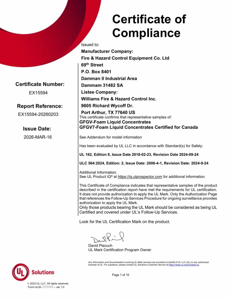 UL Certificate of Compliance EX15594 for Williams Foam and FHC