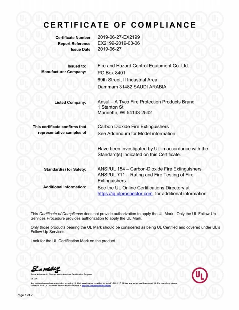 UL Certificate of Compliance EX2199 for fire doors