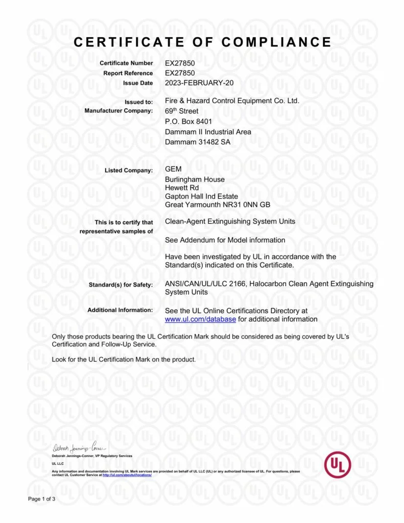 UL Certificate of Compliance EX27850 Volume 15 for FHC