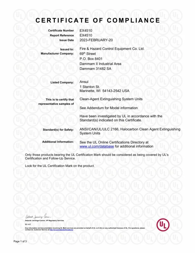 UL Certificate of Compliance EX4510 Volume 16 for FHC
