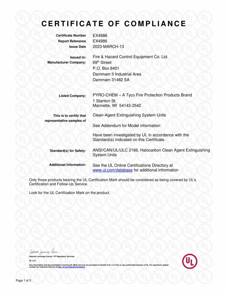 UL Certificate of Compliance EX4986 Volume 18 for FHC