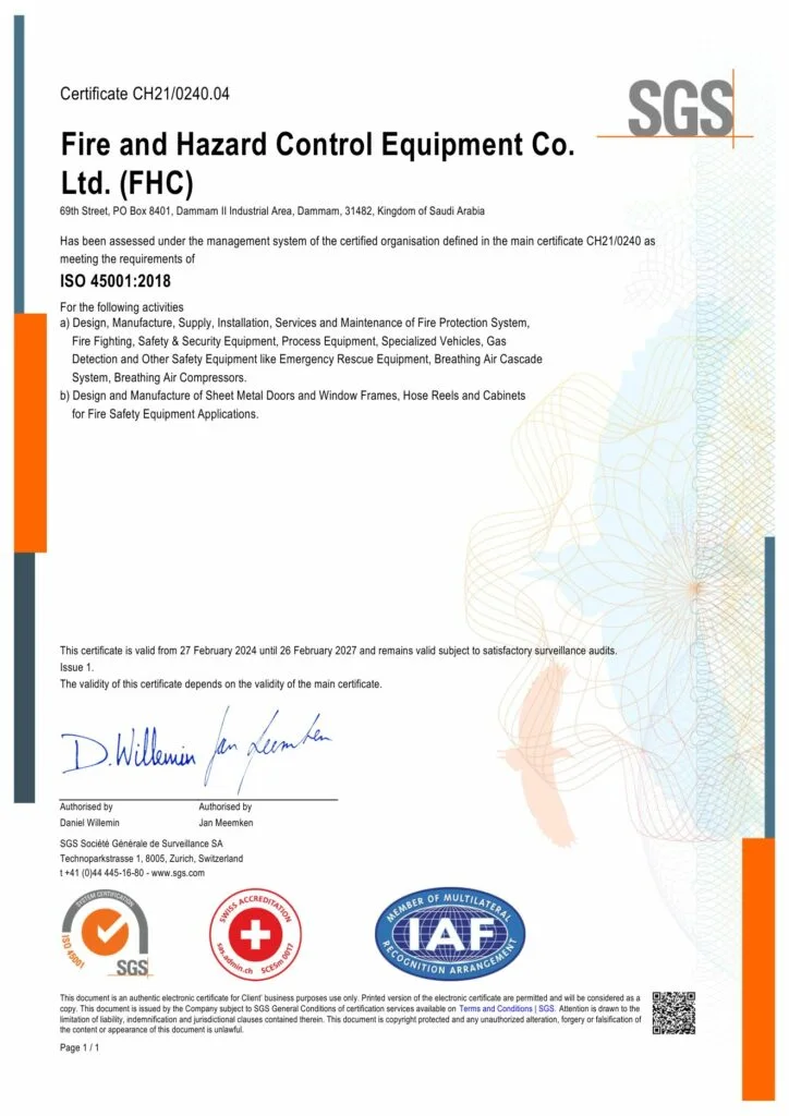 ISO 45001:2018 Occupational Health and Safety certificate for FHC Plant 1 HQ