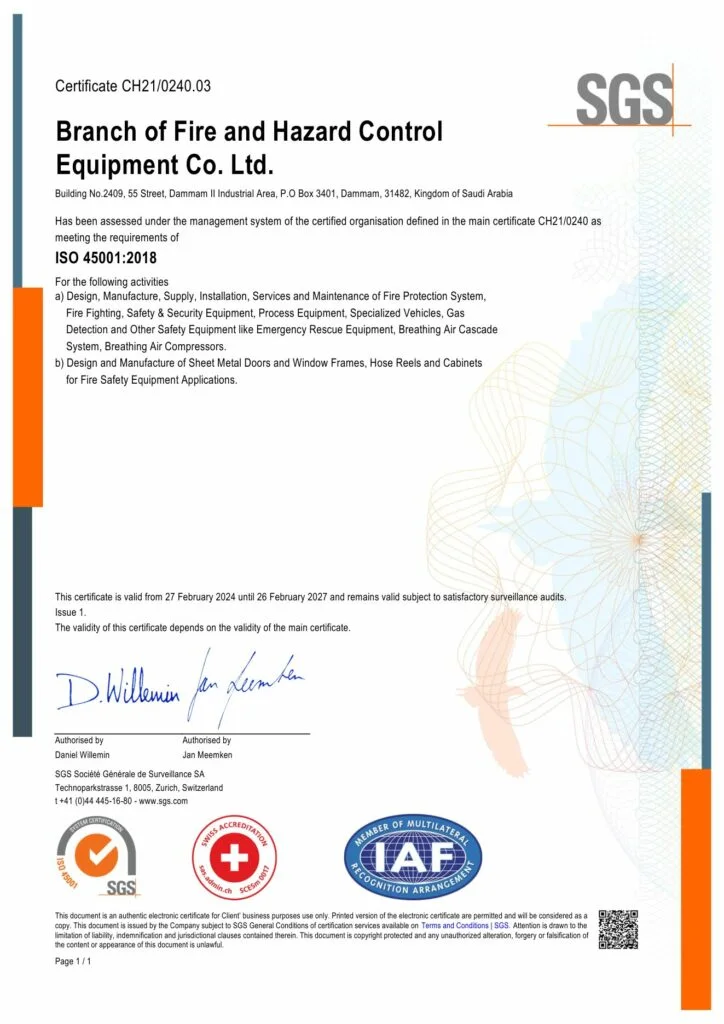 ISO 45001:2018 Occupational Health and Safety certificate for FHC Plant 3
