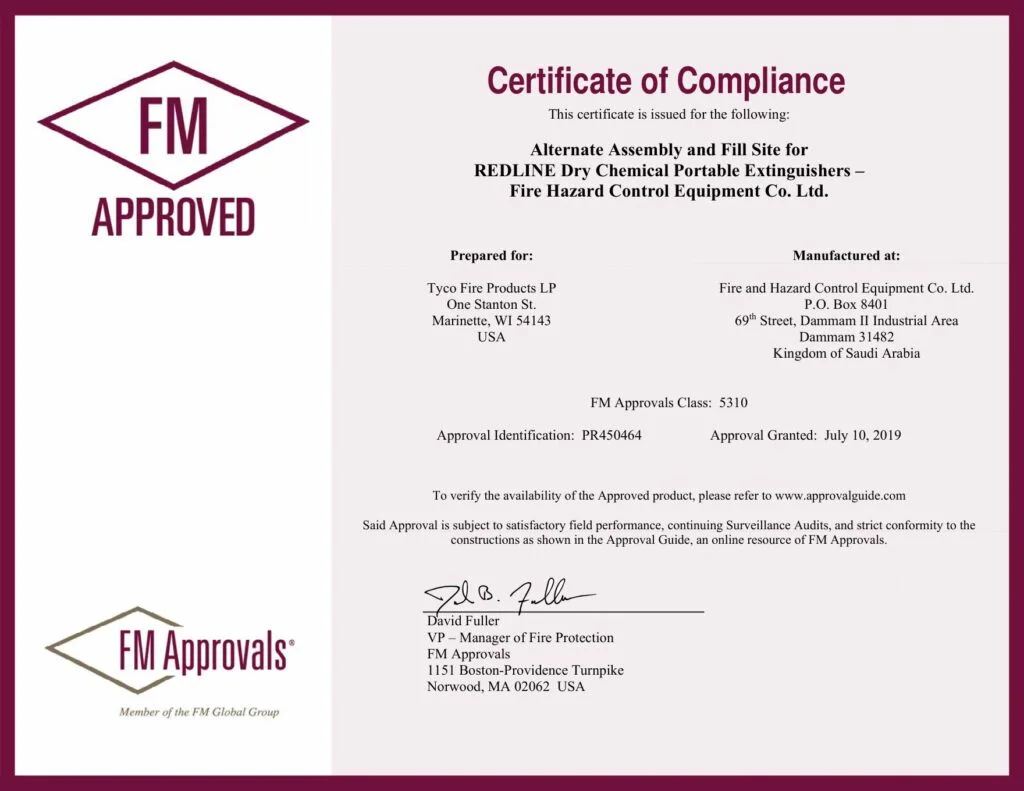 FM Certificate of Compliance for FHC fire extinguishers