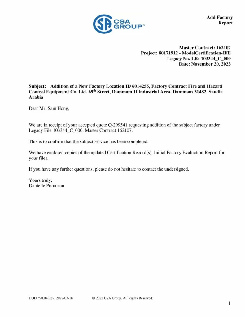 HAWS model certification for additional FHC factory location