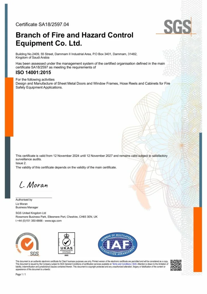 ISO 14001:2015 Environmental Management System certificate for FHC Branch