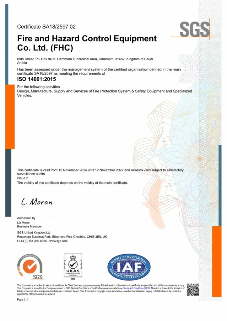 ISO 14001:2015 Environmental Management System certificate for FHC