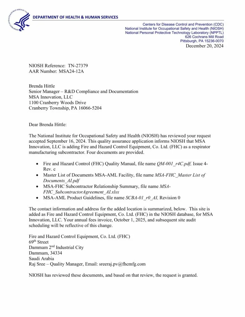 NIOSH approval TN-27379 for MSA self-contained breathing apparatus