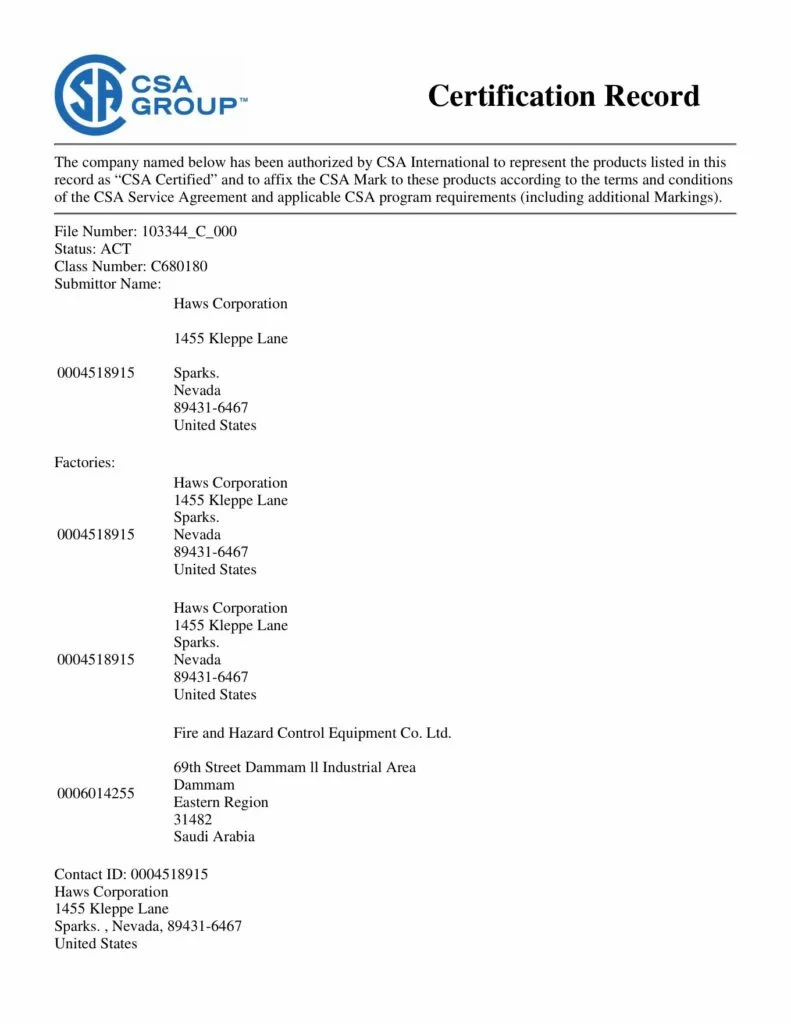 HAWS 6801-80 emergency equipment certification for FHC